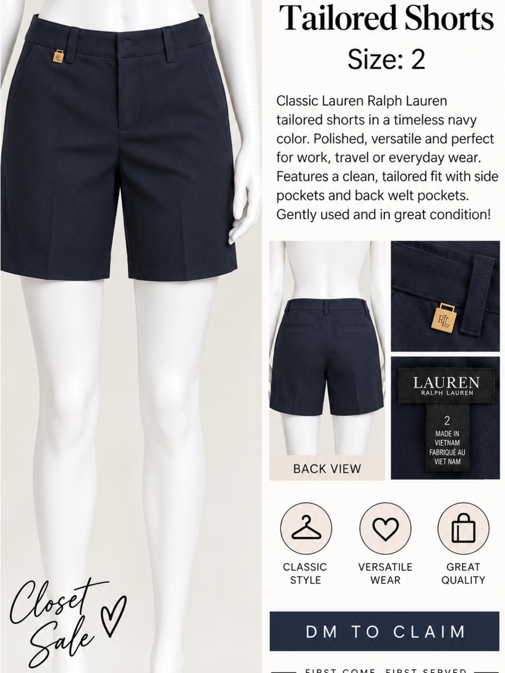 Lauren Ralph Lauren Navy Tailored Bermuda Shorts